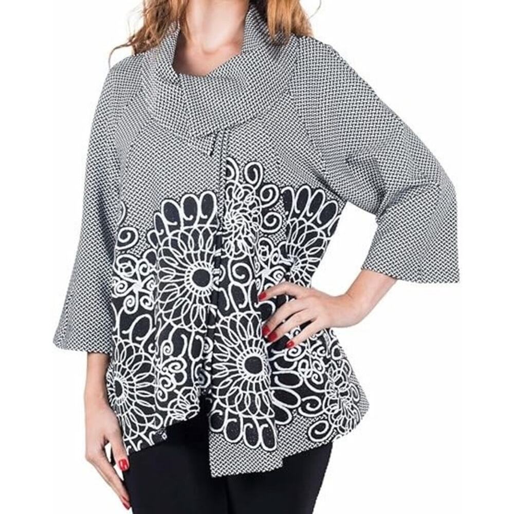 Joseph Ribkoff Crosshatch Soft Knit Black White Track Jacket Womens 14 AS IS